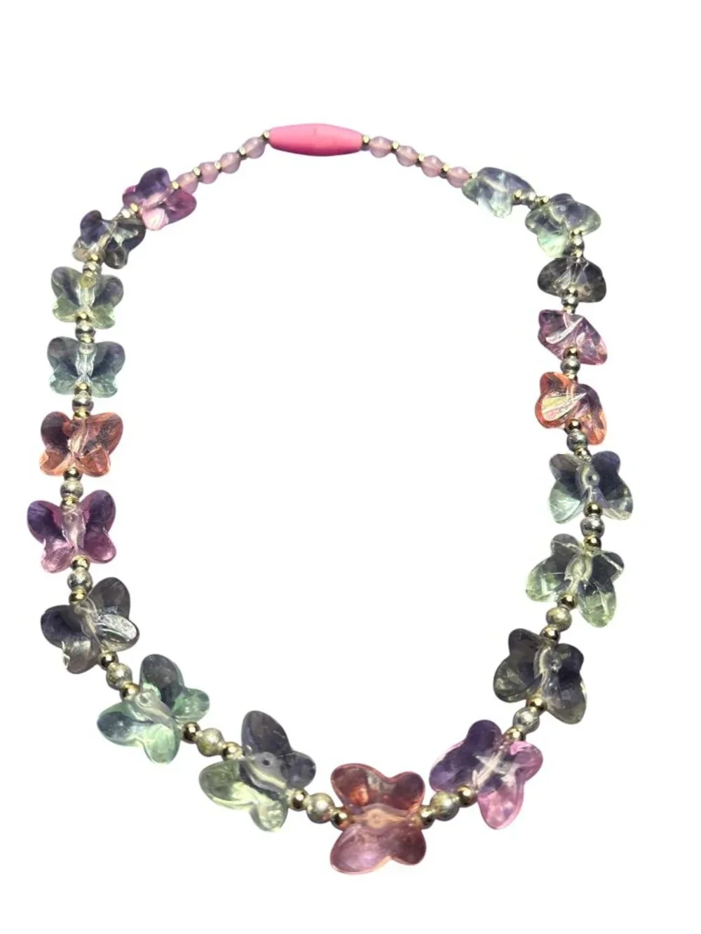 Girls Pastel Plastic Butterfly Beaded Necklace Silvertone Spacer Beads